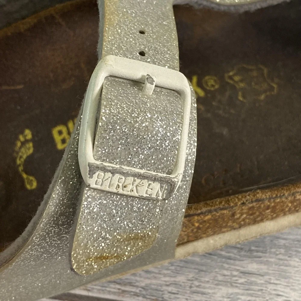 Birkenstock Sandals Girls 13 Silver Gizeh Glitter Thong Flip Flop Buckle Strappy